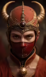 a man dressed in armor and a horned mask