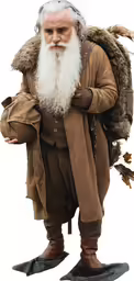 the man is wearing a big beard and is holding a large bird