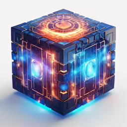 a square object with blue and orange lights