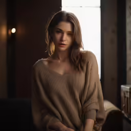 a woman sitting down posing for a portrait