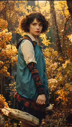 a girl standing next to a forest with yellow leaves