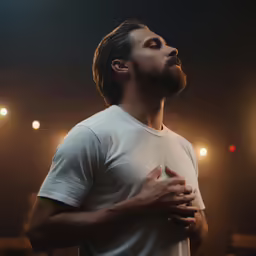 a man standing in the dark with his hands crossed