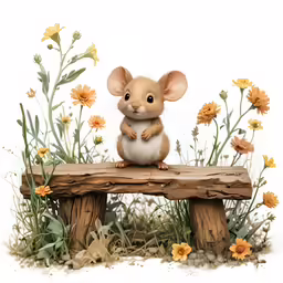 a brown mouse sitting on a bench next to a field of yellow flowers