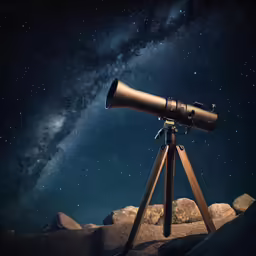 a telescope on a tripod sitting near some rocks