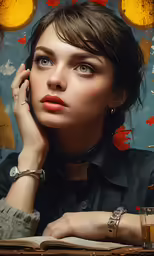 a close up of a person near a book
