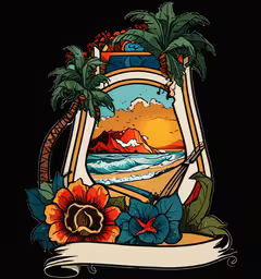 a painting of an ocean and palm trees,an art piece with a large sun and palm trees