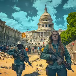 the women are holding their guns as they walk in front of an old building