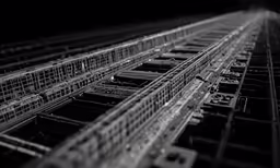 a black and white picture of rows of train cars