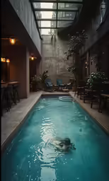 a person floating down the side of a pool