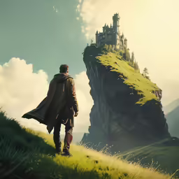 a man walks towards an old castle and a cliff
