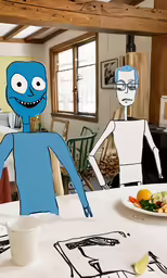 blue paper figures are standing at the table