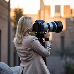 the woman is standing outside looking through the camera