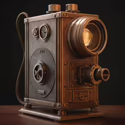 a brown camera with metal handles and a gold lens