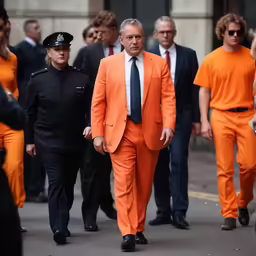 a man in an orange suit is walking next to people wearing suits