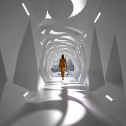 woman walking down a tunnel surrounded by white architecture