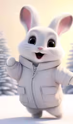 a little rabbit is dressed up to look like a snow bunny,a happy bunny in a winter jacket is dancing