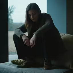 a woman sitting on a couch wearing brown shoes