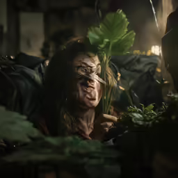 the woman has a creepy nose and a large plant