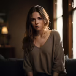 woman sitting on sofa wearing brown sweater looking to camera
