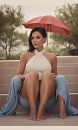 a woman is posing with a red umbrella