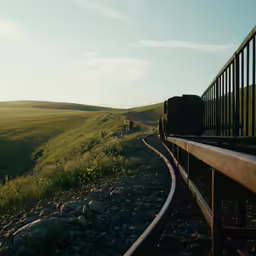 a train coming up a track through the countryside