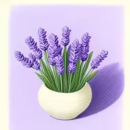 an illustration with pastel colors, a white vase filled with purple lavenders