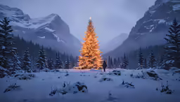 a large tree surrounded by snow and pine trees