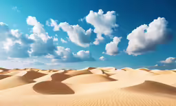 desert scene with blue sky, white clouds and very light sand dunes