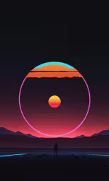 the image is designed in a circular shape, with a man looking at sunset,a man standing on a beach in the sunset with a circle