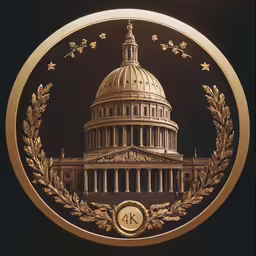 a golden medallion in front of a building