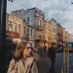 a woman walking down a street near a building
