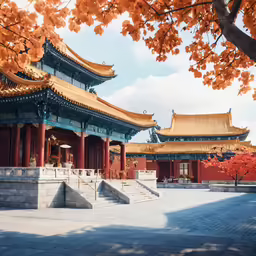 a pavilion surrounded by autumn trees is seen in this photo