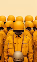 a large group of uniformed men in yellow uniform
