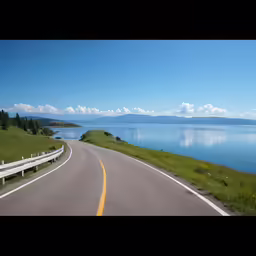 a road that is winding up near the water