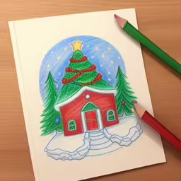 a drawing is shown in a drawing book,there is a drawing on the paper with a christmas tree and barn on it,a christmas card with a drawing of a barn with a tree on top,there is a drawing of a house with a tree,a drawing of a snowy christmas scene with a tree