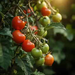 the tomatoes are growing on the vine in the garden