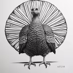 a drawing of a bird in front of a fan