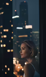 a woman looks out at the skyline of a city