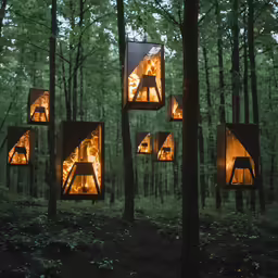 the lights shine on a tree in the woods