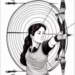 the drawing depicts an asian woman aiming a bow with arrows in her hand,an ink drawing of a woman holding her bow with arrows in the other hand,girl archery shooting a bow on a poster,drawing of the girl shooting arrows at an arrow,a girl aims an arrow at the target