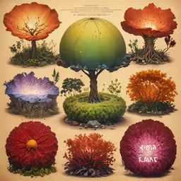 a large poster with different types of flowers and plants,a poster with a tree surrounded by many different types of flowers