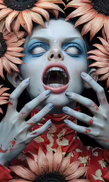 an altered photograph of a person with sunflowers surrounding her