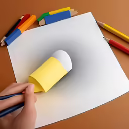 a person is holding colored pencils near a piece of paper