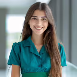 the smiling girl is wearing a blue shirt and green dress,a woman in a blue shirt and green dress smiles for the camera