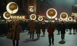 people in coats, walking down a street at night