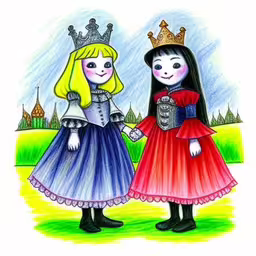 a drawing of two girls wearing dresses and tiaras,two little girls with crowns on their heads