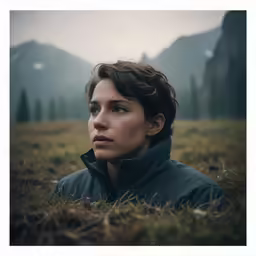 a woman laying in a field of grass wearing a black jacket