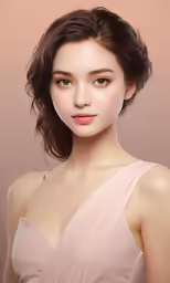a young woman with brown hair wearing a pink dress