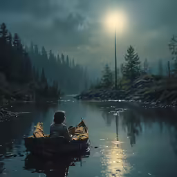 boy rowing canoe on calm water under moonlight
