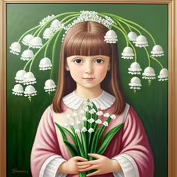 a painting of a woman holding flowers,a painting shows a little girl holding lilies,painting of a girl holding flowers, which is being held in her hands,the girl in the red dress is holding lily of the valley flowers,a girl holding a bouquet of flowers in front of a painting